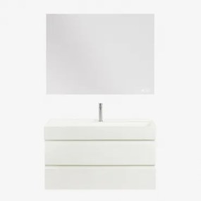 Ona Zwevend Badkamermeubelset Van Hout En Essenfineer Met Geïntegreerde Wastafel Wit & Rectangular Led And Antifog 120x90 Cm Riben & Geborsteld -