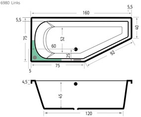 Xenz Lagoon Compact badkuip links 160x75x40cm edelweis