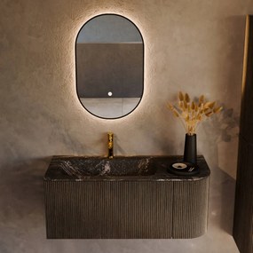 Mondiaz Kurve-dlux 105cm badmeubel ronding rechts shadow met 1 lade en deur en wastafel big small kraangat links lava