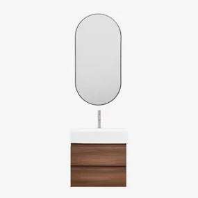 Badkamermeubelset Van Hout En Essenhoutfineer Met Geïntegreerde Wastafel Ona Donker Hout & Ovale Led En Anticondens Zwart 50x100 Cm Asteiro & Bruin -