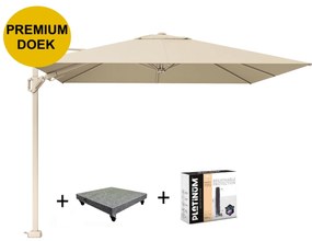 Challenger T2 premium parasol 300x300 cm sandstone champagne met 90KG voet en hoes