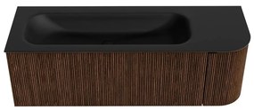 Mondiaz Kurve 135cm badmeubel ronding rechts walnut met 1 lade en deur en wastafel big medium kraangat links urban