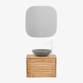 Deleyna Wandgemonteerde Houten Badkamermeubelset Natuurlijk Hout & Rond Grijs Cement Ø40 Cm Tarsis & Vierkant Led En Anticondens 75x75 Cm Tobie & -