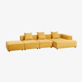 3-delige Chaise Longue Modulaire Bank Met Pof Rechts (↔︎390 Cm) Bruna Stof Chenille Mosterd - Sklum