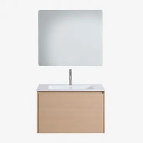 Jacob Zwevend Houten Badkamermeubelset Met Geïntegreerde Wastafel Natuurlijk Hout & Rechthoekige Led En Anticondens 80x70 Cm Riben & Geborsteld -