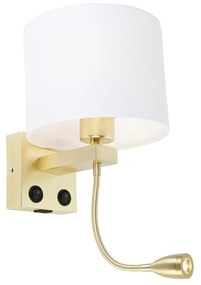 Wandlamp goud met USB en kap wit 18 cm - Brescia Combi
