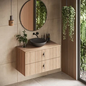 Muebles Mairi badmeubel ribbelfront 100cm naturel eiken met zwarte waskom