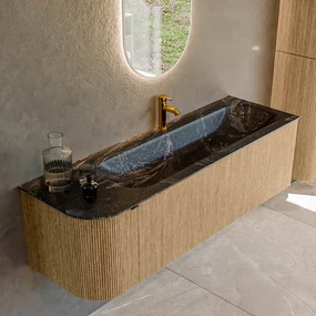 Mondiaz Kurve-dlux 145cm badmeubel ronding links oak met 1 lade en deur en wastafel big large kraangat rechts lava