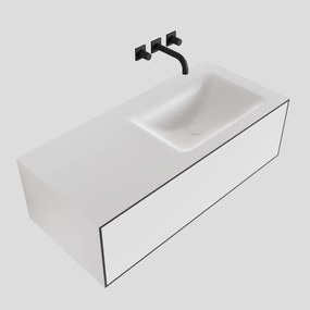 Zaro Lagom volledig naadloos solid surface onderkast 100cm mat zwart met 1 lade Push tot open. Compleet met solid surface wastafel met 0 kraangat(en)