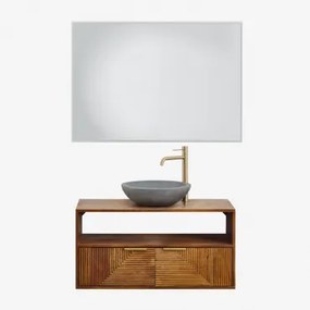 Baty Mangohouten Badkamermeubelset Mangohout & Rond Grijs Cement Ø40 Cm Tarsis & Rechthoekige Led En Anticondens 100x70 Cm Riben & Goud - Sklum