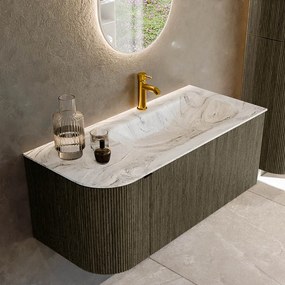 Mondiaz Kurve-dlux 105cm badmeubel ronding links shadow met 1 lade en deur en wastafel big small kraangat rechts glace
