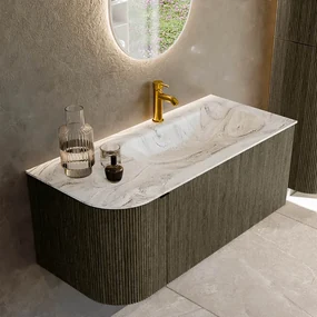 Mondiaz Kurve-dlux 105cm badmeubel ronding links shadow met 1 lade en deur en wastafel big small kraangat rechts glace