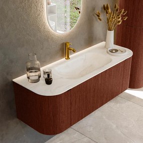 Mondiaz Kurve-dlux 130cm badmeubel ronding links/rechts ruby met 1 lade en 2 deuren en wastafel big small midden 1 kraangat ostra
