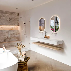 Zaro Alan badmeubel 160cm met planchet washed oak en vrijhangende wastafel cloud dubbel zonder kraangat talc