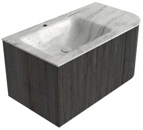 Mondiaz Kurve-dlux 85cm badmeubel ronding rechts shadow met 1 lade en deur en wastafel cloud kraangat links opalo