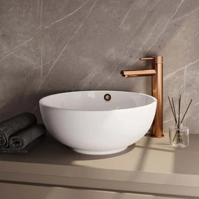 Brauer Copper Carving verhoogde wastafelkraan met lange, ronde handgreep en ColdStart geborsteld koper PVD