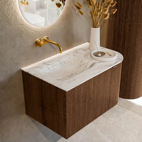 Mondiaz Kurve-dlux 75cm badmeubel ronding rechts walnut met 1 lade en deur en wastafel grunne links zonder kraangat glace