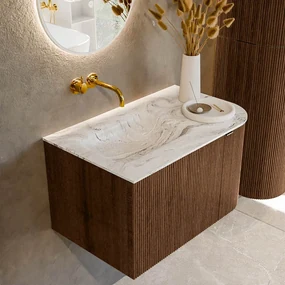 Mondiaz Kurve-dlux 75cm badmeubel ronding rechts walnut met 1 lade en deur en wastafel grunne links zonder kraangat glace