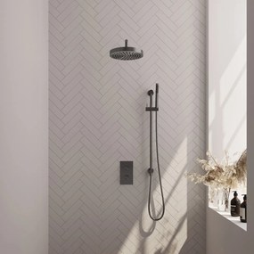 Brauer Stripe inbouw regendouche met 25cm hoofddouche, met gebogen muurarm, glijstang en staafhanddouche set 20 gunmetal geborsteld PVD