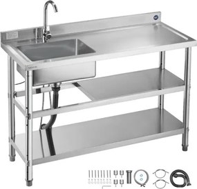 VEVOR RVS spoelbak (120 x 50 x 94 cm), enkele kom met kraan en 2 opbergvakken, keukenspoelbak voor garagerestaurant, buitenwasbak met werkblad (rechts)