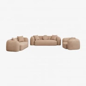 Zitkamer Set Met Modulaire 3-zitsbank, 2-zitsbank En Fauteuil In Coco Chenille Dikke Chenille Stof Latte Bruin - Sklum