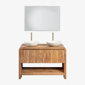 Vacry Houten Badkamermeubelset Acacia Bruin & 2 X Rond Wit Cement Ø40 Cm Zavion & Rechthoekige Led En Anticondens 100x70 Cm Riben & 2 X - Sklum