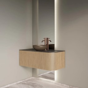 Gliss Design Alluro badmeubel ribbelfront met ronding rechts 100cm mist en zwart leisteen toppaneel