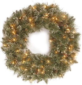 Verlichte kerstkrans "Glittery Bristle" - groen - Diameter 76 cm - 50 warm witte ledlampjes - met sneeuw, dennenappels & glitter