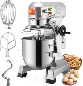 VEVOR Elektrische Staande Mixer 450W B10B, Mixer, 3 Snelheden, Universele Keukenmachines, Deegmachine, Beschermend Ontwerp met 10L RVS Mengkom, Garde, Deeghaak, Klopper