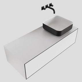 Zaro Lagom volledig naadloos solid surface onderkast met topblad 110cm mat zwart met 1 lades Push tot open. Compleet met solid surface opzetkom met 0 kraangat(en)