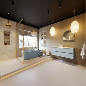 Mondiaz Vica DLux badmeubel 120cm clay 4 lades met wastafel opalo rechts 1 kraangat
