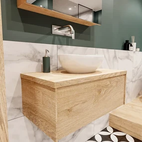 Lush onderkast met topblad 80cm in kleur WASHED OAK met 1 lades Push tot open  geschikt voor gecentreerde wastafel. Met ovale keramische opzetkom met 0 kraangat(en) in het topblad