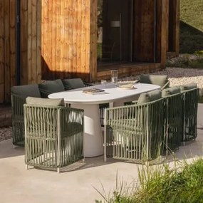 Set Van 220x95 Cm Ovale Tafel In Noemi Cement En 8 Sophie Tuinstoelen Met Aluminium Armleuningen En Gevlochten Touw Leger Groen – Koel - Sklum