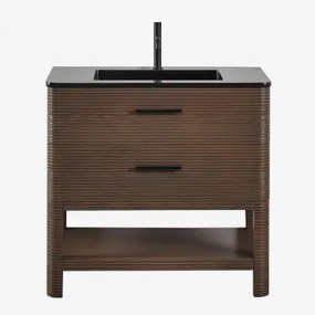 Badkamermeubelset In Hout Met Geïntegreerde Wastafel Misene Donker Hout & Spiegelloze & Mat Zwart ↑20 Cm Met Afvoerkraan Met Overloop Orveta - Sklum