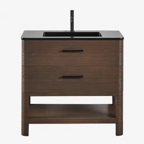 Badmeubelset 90x50 Cm Van Hout Met Geïntegreerde Wastafel Misene Spiegelloze & Mat Zwart ↑20 Cm Met Afvoerkraan Met Overloop Orveta & Donker Hout -
