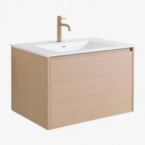 Jacob Zwevend Houten Badkamermeubelset Met Geïntegreerde Wastafel Natuurlijk Hout & Spiegelloze & Geborsteld Goud ↑20 Cm - Sklum