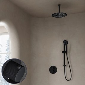 Saniclear Nero Stripes inbouw regendouche rond met 30cm hoofddouche, plafondarm, 3 standen handdouche en glijstang zwart mat