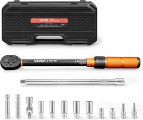 VEVOR momentsleutel met 3/8-inch aandrijving, 6,8-61,2 Nm ±3% nauwkeurigheid, met dubbele schaalverdeling, Cr-Mo ratelkop, inclusief bougiesleutel, bits, kruiskoppeling, verlengstuk en opbergkoffer.