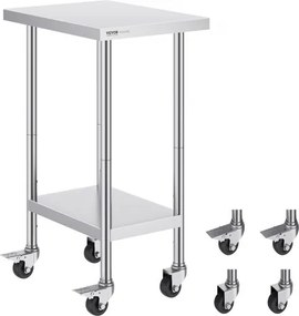 VEVOR RVS werktafel, voorbereidingstafel 610 x 457 x 954,6 mm, draagvermogen 290 kg, met 4 wielen, 3 verstelbare hoogteniveaus, werktafel voor voedselbereiding voor commerciële restaurants