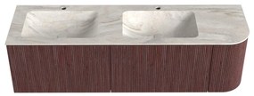 Mondiaz Kurve-dlux 155cm badmeubel ronding rechts ruby met 2 lades en 1 deur en wastafel leaf dubbel/links 2 kraangaten ostra