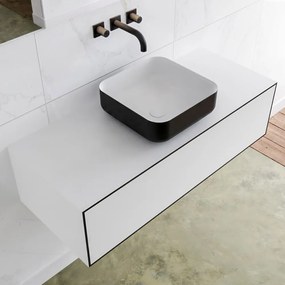 Zaro Lagom volledig naadloos solid surface onderkast met topblad 110cm mat zwart met 1 lades Push tot open. Compleet met solid surface opzetkom met 0 kraangat(en)