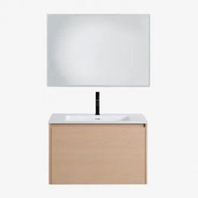 Hangend Badkamermeubelset 80x50 Cm Van Hout Met Geïntegreerde Wastafel Jacob Natuurlijk Hout & Rechthoekige Led En Anticondens 100x70 Cm Riben & -