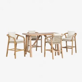 Set Van Een Rechthoekige Hoge Tafel 160x90 Cm En 4 Hoge Krukken Van Acaciahout Dubai Rustiek Acaciabruin & Stof Gardenia Wit - Sklum