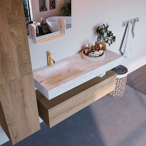 Mondiaz Alan DLux badmeubel 120cm washed oak 1 lade met wastafel opalo links 1 kraangat