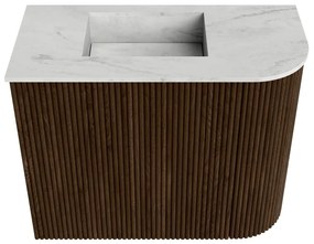 Mondiaz Joya DLux 50cm toiletmeubel ronding rechts walnut met wastafel faye links 1 kraangat opalo