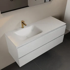 Mondiaz Aivy badmeubel 120cm talc met wastafel solid surface talc links 1 kraangat en spiegel