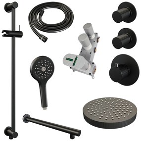 Brauer Stripe inbouw regendouche met 25cm hoofddouche, rechte muurarm en 3 standen handdouche en glijstang set 10 zwart mat