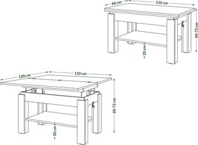 BRAVO beton / wit – uitschuifbare en in hoogte verstelbare salontafel, tafel met plank