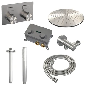 Brauer Brushed Carving thermostatische inbouw regendouche met staafhanddouche, plafondarm en hoofddouche 30cm set 54 RVS geborsteld PVD