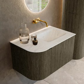 Mondiaz Kurve-dlux 75cm badmeubel ronding links shadow met 1 lade en deur en wastafel grunne rechts zonder kraangat opalo